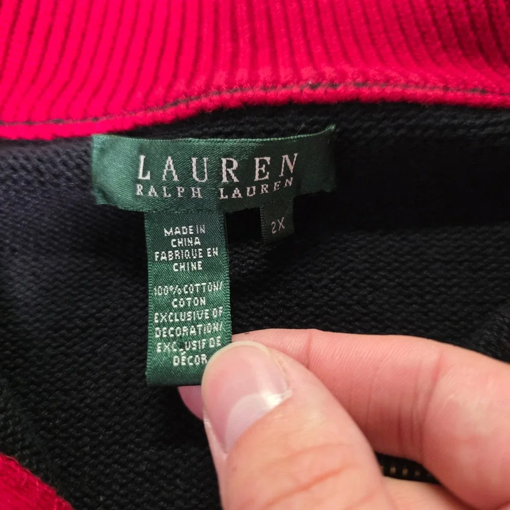 Lauren Ralph Lauren Womens 2X Sweater Navy Blue Quarter Zip Crest Cotton Knit